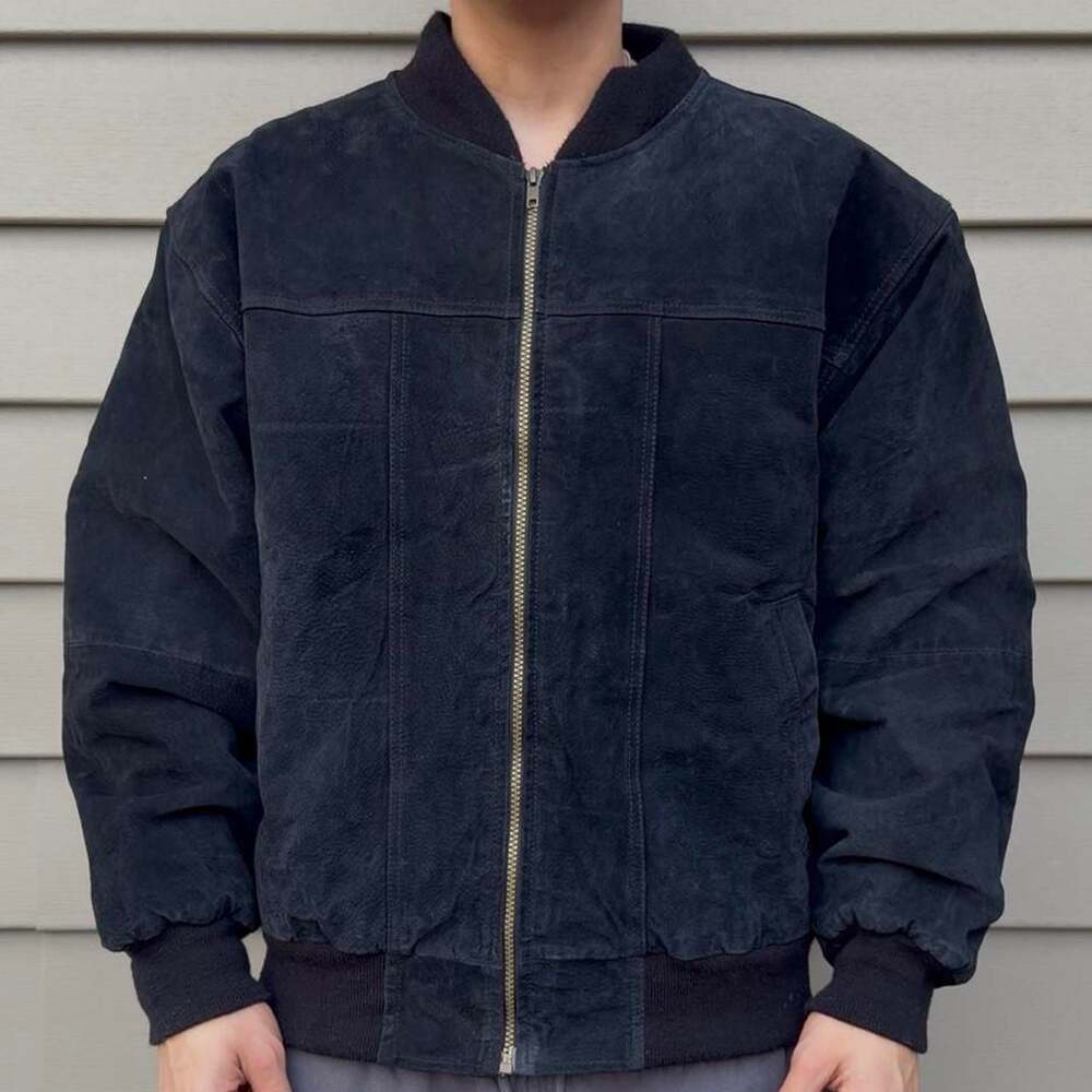 Vintage Basic Editions Black Suede Bomber Jacket, Size L, Cropped Fit